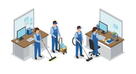 Office cleaning crew in action isometric workers maintaining workspace hygiene