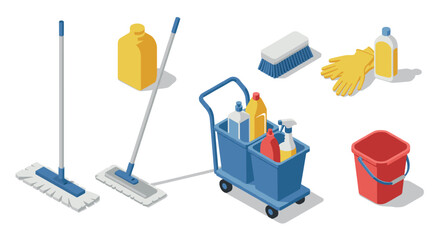 Isometric cleaning supplies set with mop, bucket, gloves, and detergents