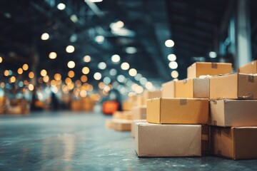 Stacks of delivery packages in bustling warehouse glow with fest