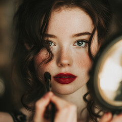 Woman applying makeup with an eyeliner pencil.