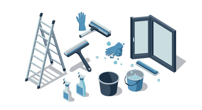 Essential cleaning equipment for window maintenance in isometric design