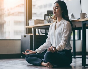 Asian office worker taking a mindfulness break, meditating in a lotus pose on the floor of a bright, sunlit modern office.