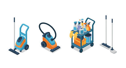 Fototapeta premium Cleaning equipment set with vacuum, cart and supplies in isometric style