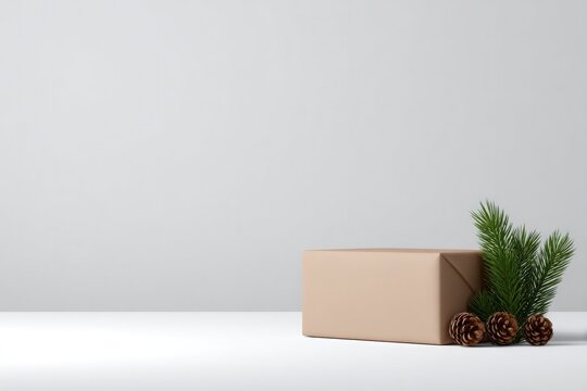 Brown box with pinecones and greenery suggests festive gift-givi