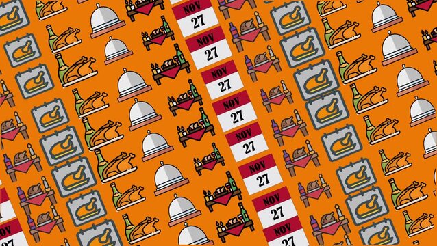 Seamless looping Thanksgiving pattern with roasted turkey, dinner table, wine, and November 27 calendar on orange background. Perfect for holiday celebration designs.