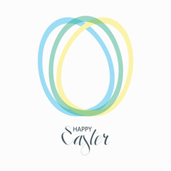 Vector illustration of a modern Easter egg made of overlapping pastel lines in blue, green, and yellow colors with elegant Happy Easter typography.