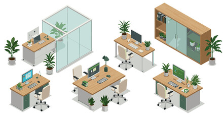 Modern office workspace with isometric desk and plant arrangement