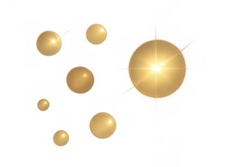 Gold spheres and bubbles floating, reflecting light, with bright lens flare on transparent background creating elegant abstract design