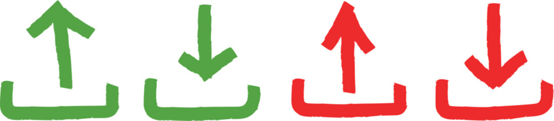 Up and down arrows indicating growth and decline Four hand-drawn arrows, two green pointing up and down, two red pointing up and down, emerging from containers.