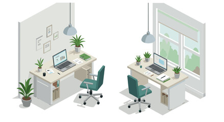 Modern isometric home office setup with minimalist desks, laptops, and indoor plants