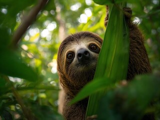 Fototapeta premium Curious Sloth Peeking Through Green Leaves with Tilted Camera Angle and Depth of Field