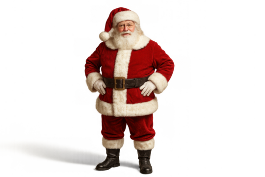 Santa claus character in red suit standing, celebrating christmas and winter holidays, transparent background