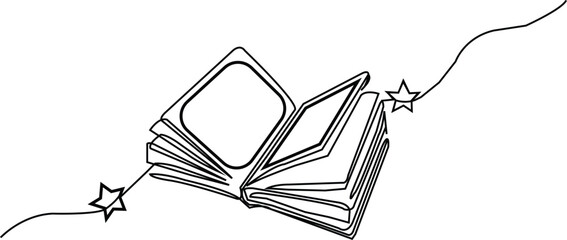 Opened book with flying page and stars in one continuous line drawing, symbolizing magic of reading
