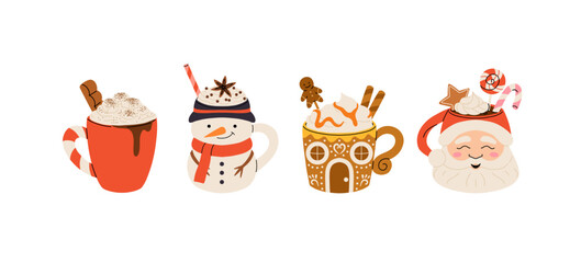 Cute Christmas hot drinks collection, winter coffee, cocoa, and tea in festive mugs with whipped cream, marshmallows, and holiday decorations. Vector flat cartoon illustration.