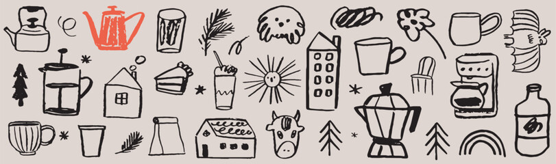 Christmas cafe or market breakfast coffee or brunch vector design graphic elements. Funny wax crayon, charcoal illustrations with winter holidays vibe for advertising, branding, posters and banners.