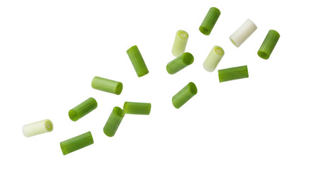 Fresh cut green onion pieces flying in the air, isolated on transparent background