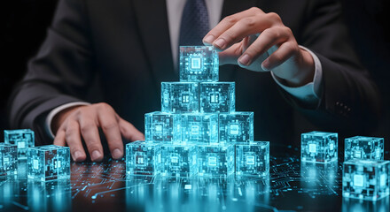 Building a digital future with glowing AI chip blocks in a modern tech office