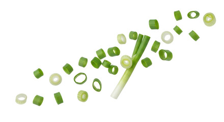 Flying chopped scallion rings, fresh green onion isolated background