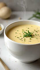 Steaming bowl of potato leek soup garnished with chives and black pepper