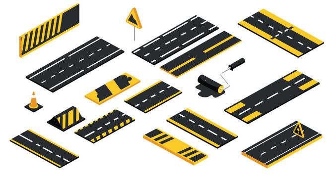 Isometric road elements set with traffic signs and safety tools for construction and design projects