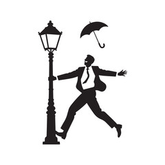 Joyful Man Swinging on Lamppost with Umbrella in Dynamic Silhouette Style Design.