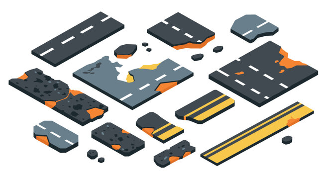 Isometric road destruction elements for impactful design projects