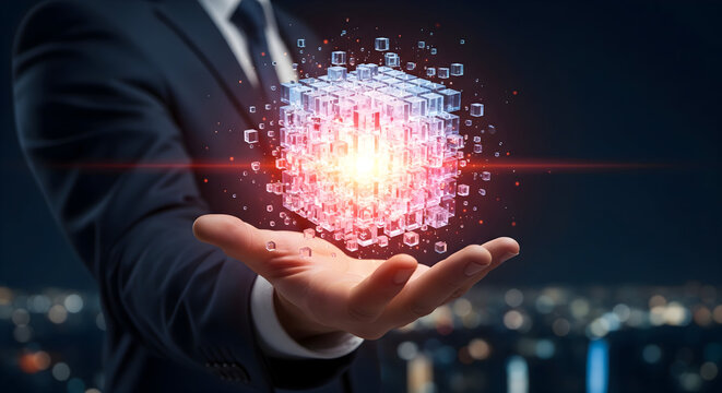 Businessman holds glowing crystal cube representing data and technology innovation