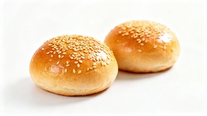 Fototapeta premium Two golden baked bread rolls topped with sesame seeds rest on a white surface