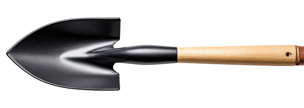 Black shovel with light-colored wooden handle