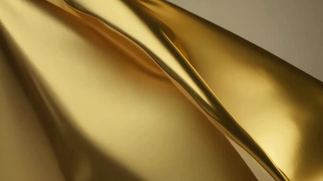 Close-up texture of smooth, reflective gold foil or silk fabric slowly undulating, creating dynamic light and shadow effects. Luxury and elegant abstract background.