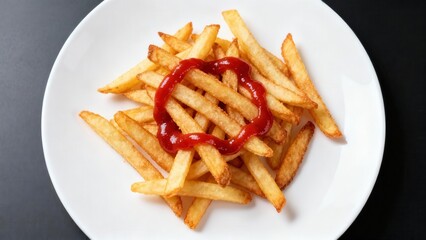 Golden fried potato sticks are topped with a spiral of bright red condiment on a white ceramic plate.