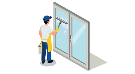 Isometric male janitor cleaning glass doors with squeegee and bucket