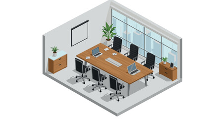 Modern isometric office meeting room with conference table and chairs