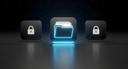 Secure digital data management concept with glowing folder and lock icons
