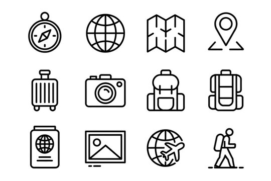Collection of travel related icons showcasing adventure planning and holiday destinations perfect for tourism industry content and travel blogs