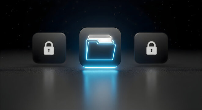 Secure digital data management concept with glowing folder and lock icons