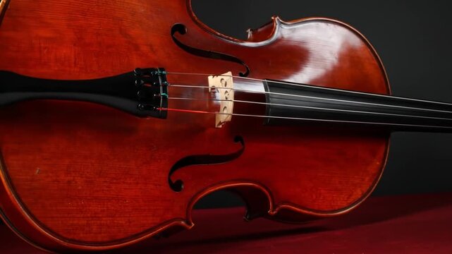 A close-up side view of a rich, wooden stringed instrument with ebony fixtures