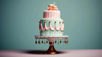 Unique pastel tiered cake decorated with delicate flowers and elegant draping displayed on a stylish stand for a special celebration