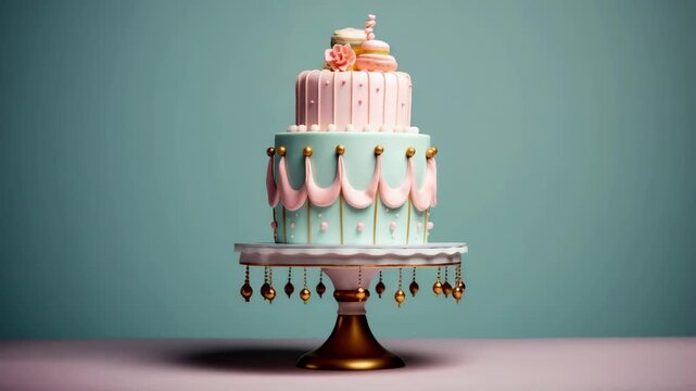 Unique pastel tiered cake decorated with delicate flowers and elegant draping displayed on a stylish stand for a special celebration