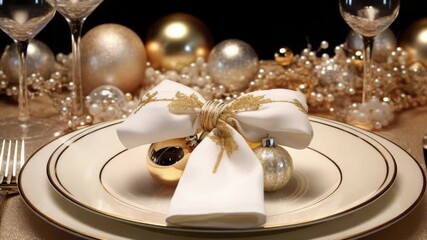 Elegant holiday table setting with gold and white decor for festive gatherings in an upscale dining space