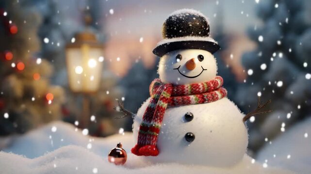 Snowman stands cheerfully in a snowy park with lights shining during a winter evening celebration