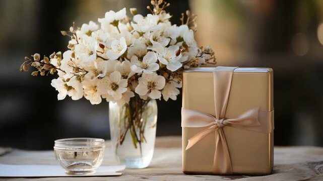 Beautiful spring flowers and a golden gift box on a rustic wooden table in a sunny outdoor setting