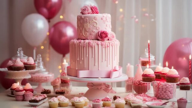 Beautiful pink themed dessert table featuring a stunning cake, cupcakes, and candies for a special celebration