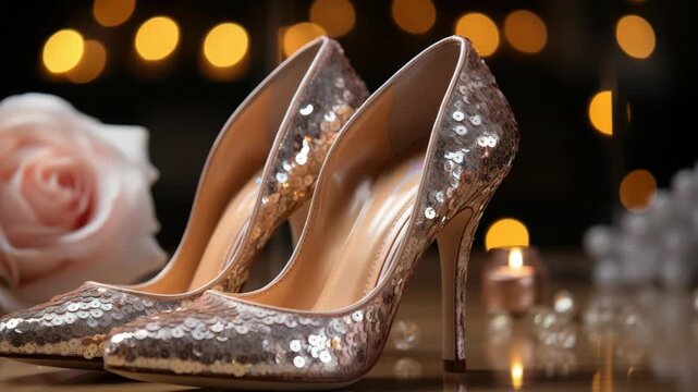 Sparkling high heels shine against soft floral and glowing lights in a romantic setting for special celebrations