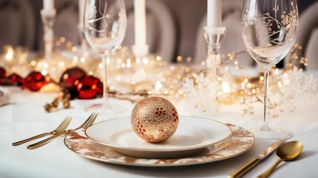 Elegant holiday dinner table setup with festive decorations and a sparkling centerpiece in a cozy, warmly lit atmosphere
