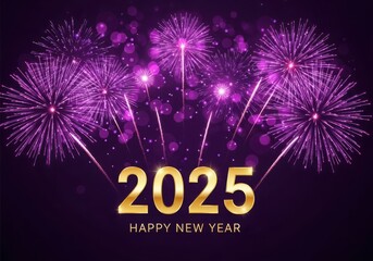 Happy new year 2025 with purple fireworks celebration