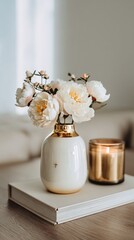 Obraz premium Elegant Vase With White Flowers and a Candle on a Wooden Table in Soft Natural Light