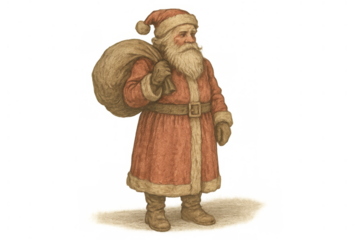 Vintage santa claus carrying a sack of gifts, traditional red suit, long beard, classic christmas figure illustration, transparent background
