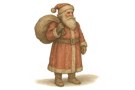 Vintage santa claus carrying a sack of gifts, traditional red suit, long beard, classic christmas figure illustration, transparent background - Powered by Adobe