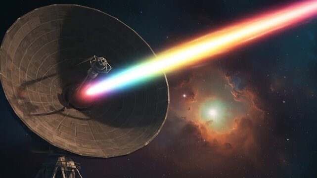 A large parabolic antenna emits a powerful beam of colorful light into the cosmos, against a backdrop of stars and nebulas